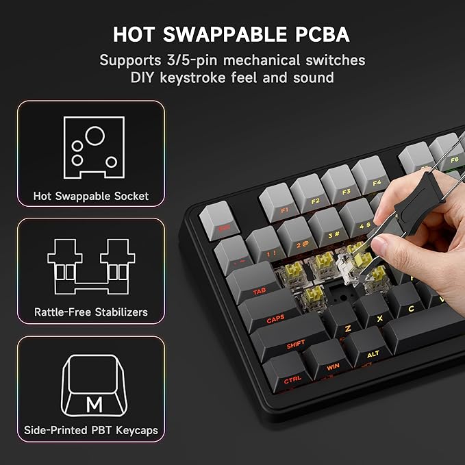 AOC GK330 Gaming Keyboard Hot Swappable Wireless Mechanical Keyboard Support BT/2.4GHz/USB-C RGB Backlit Pre-lubed Reaper Switches Anti-ghosting 75% Gasket Custom Keyboard with Five-Layer Padding