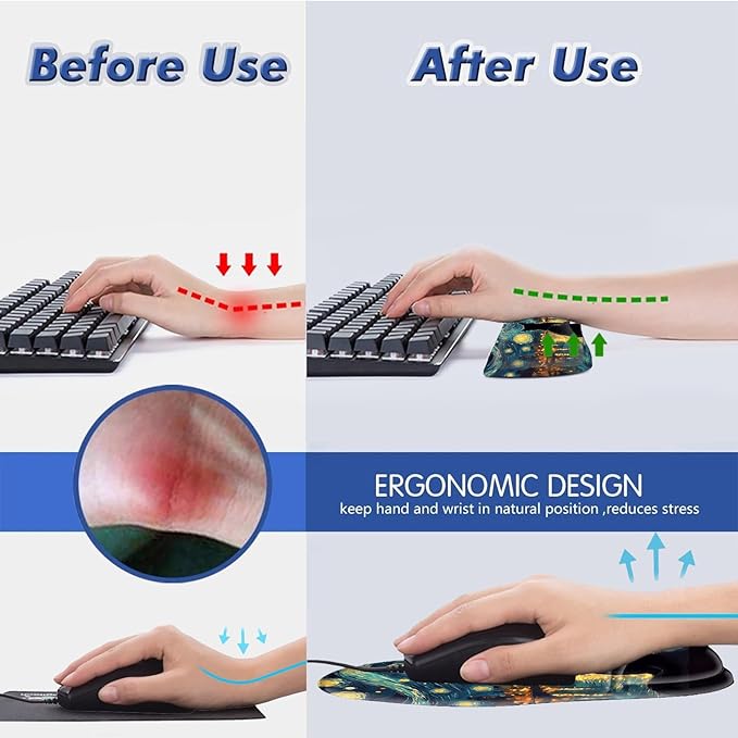 Bxgolkgd Ergonomic Gel Mouse Wrist Rest Pad and Keyboard Pad SetAnti-Slip PU Bottom Easy Typing and Relieve Wrist Pain with Cute Coaster Set (3-Starry Night with Cat)
