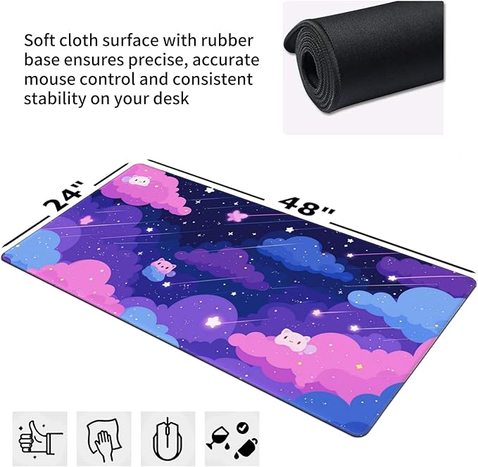Extra Large Mouse Pad 48x24 Inch Cute Cartoon Cat Starry Sky Desk Mat with Non-Slip Base Purple Mousepad for Gaming Office Soft Keyboard Mat for Full Desk Coverage