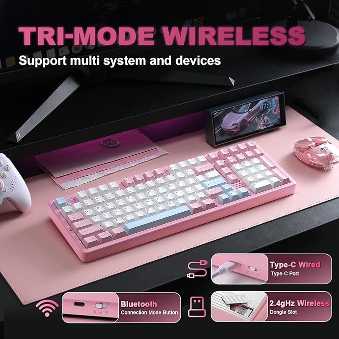 YUNZII AL98 QMK/VIA Wireless Mechanical Gaming KeyboardFull AluminumBT/2.4G/USB-C Pre-Lubed Hot Swappable Gasket Mount 1800 LayoutRGB Backlit for Win/Mac (Pink Cocoa Cream V2 Switch)