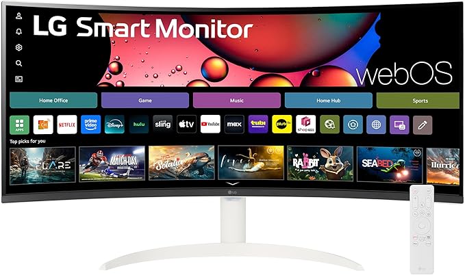LG 34SR60QC-W 34-inch QHD (3440x1440) Curved Smart Monitor with Streaming UltraWide Screen webOS HDR10 100Hz Built-in Speaker AirPlay2 Screen Share Bluetooth ThinQ App White