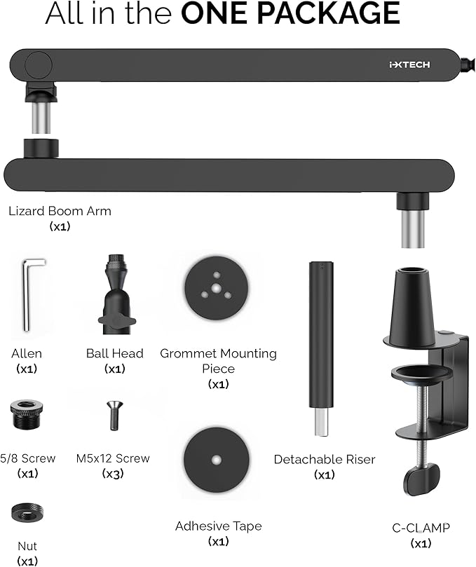 IXTECH Mic Arm Desk Mount Low Profile 360° Swivel Mic Boom Arm Adjustable Microphone Arm with Detachable Rise Column and Built-In Cable Management for Streaming and Recording.