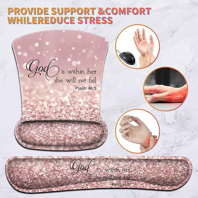Keyboard Wrist Rest Pad and Ergonomic Mouse Pad Wrist Support Set Psalm 46:5 God is Within HerShe Will Not Fall Pink Design for Gaming Office Comfortable and Pain Relief with Coaster Set