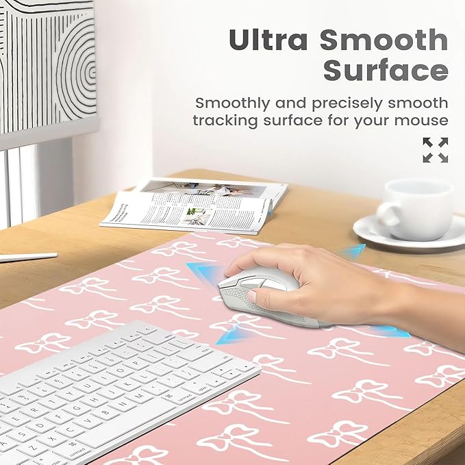 Trendy Girl Bow Desk Mat 27.6''X13.8''Cute Kawaii Design Desktop Mat Pu Leather Large Mouse Pad Aesthetic Mousepad Non-Slip Table Mat for Girls Women Office Home Work Computer Game