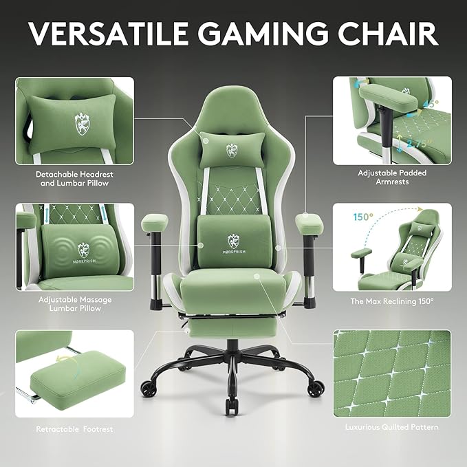 Gaming Chair Breathable FabricComputer Office Chair with FootrestMassage Lumbar Support and Gel PadErgonomic Reclining Gamer Chair with Adjustable Armrests and Spring Cushion Green