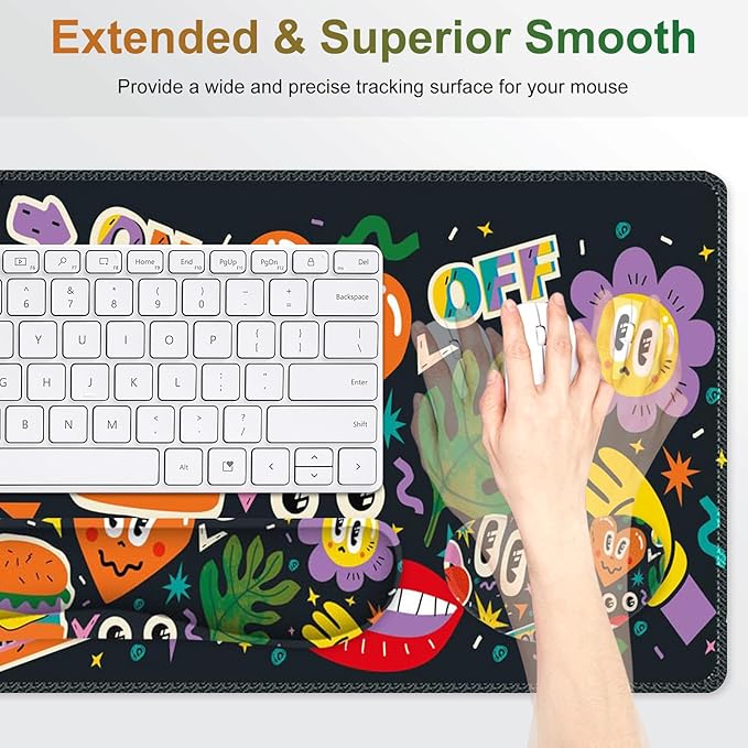 Large Gaming Mouse Pad Set 4 in 1 Extended Keyboard Desk Mat with Wrist Rest Computer Game Mousepad Non-Slip Desk Pad Protector Easy Typing Pain Relief for Home Office I Cartoon Heat Lips