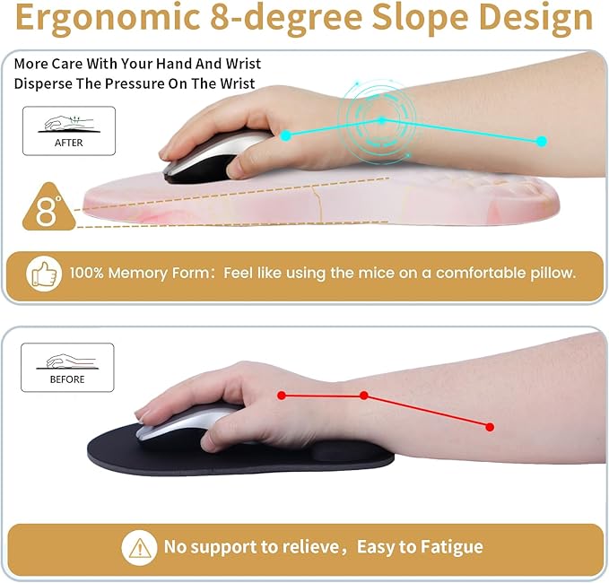 L-SPOUTTO Mouse Pad Wrist SupportErgonomic Mouse Pad with Wrist RestComputer Mouse Pads Pain Relief Keyboard Wrist Rest with CoasterComputer Mouse Pad for Laptop Keyboard Office-Pink Marble