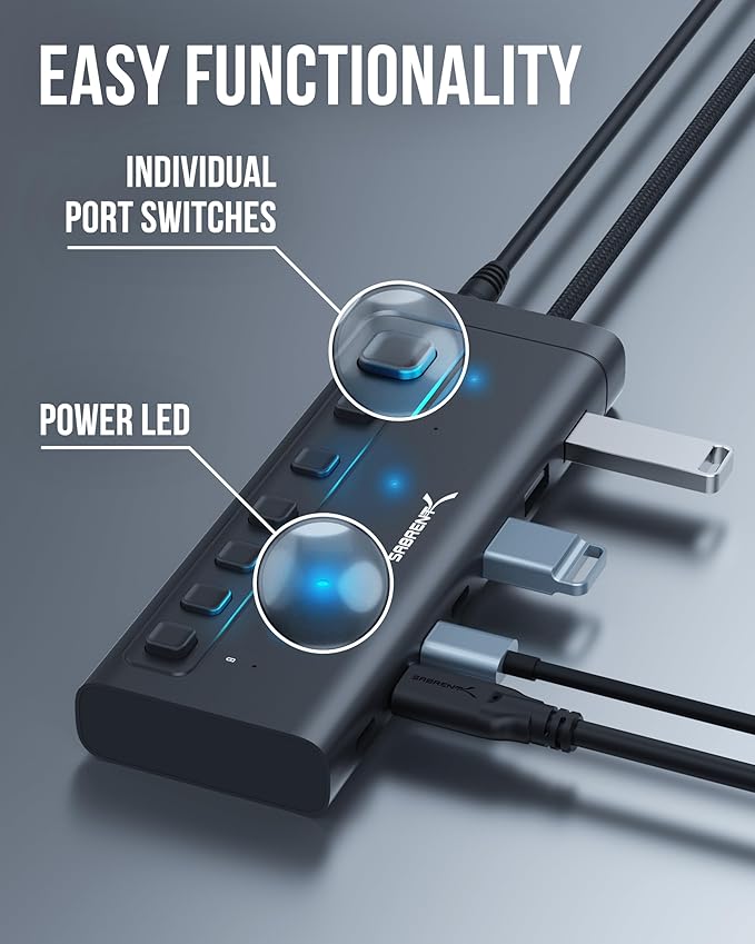 SABRENT 7-Port USB-C Hub with Power Switches 5Gbps USB 3.2 48W Powered Hub with 3 USB-A + 4 USB-C Ports 20W PD LED Status Aluminum Body – for Mac PC Steam Deck ROG Ally (HB-3A4C)