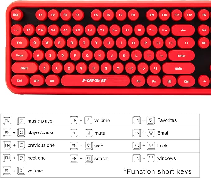 FOPETT Wireless Keyboard and Mouse Combo 104 Keys Full-Sized 2.4 GHz Round Keycap Colorful Keyboards USB Receiver Plug and Play for Windows Mac PC Laptop Desktop (Black Red)