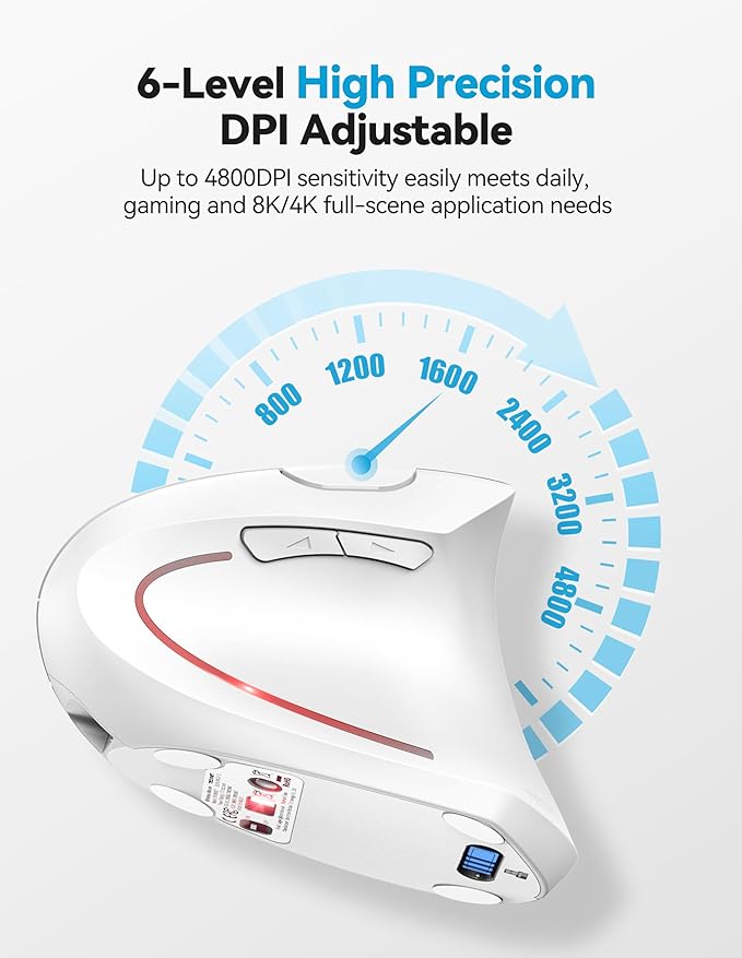 TECKNET Ergonomic Mouse Rechargeable 2.4G+Bluetooth Vertical Mice 6 DPI Adjustable Wireless Optical Carpal Tunnel Mouse Right Hand Multi Device for Laptop PC Computer MacBook iPad - White