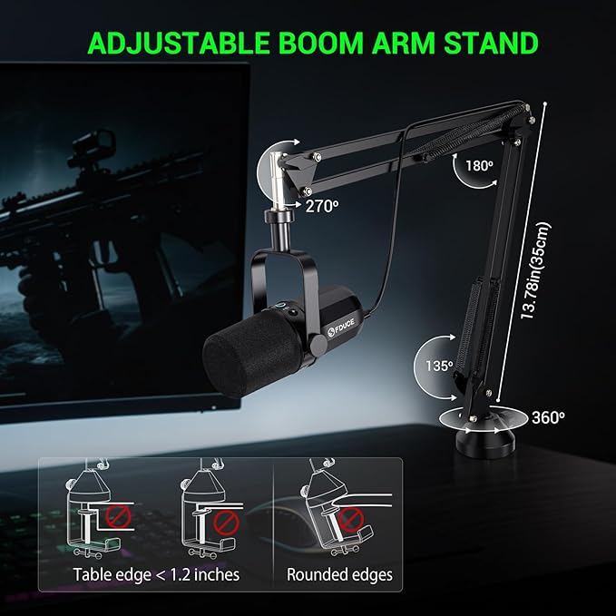 FDUCE Dynamic Microphone XLR/USB Podcast Recording PC Microphone for Vocal Voice-Over Streaming Studio Metal Mic with Mute Headphone Jack Monitoring Volume Control with Boom Arm (SL40+)