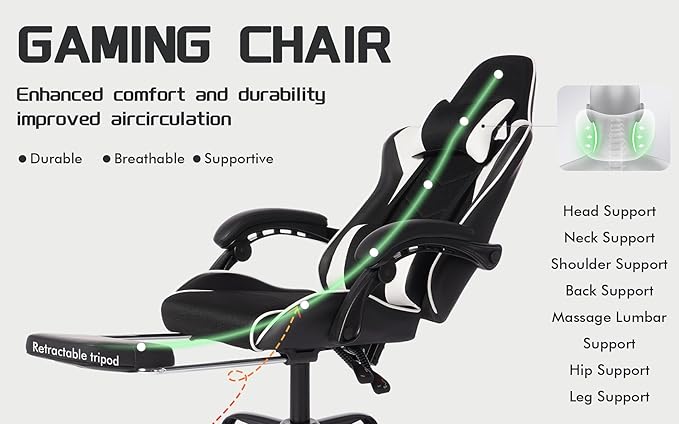 Gaming Chair Computer Chair with Footrest HeadrestLumbar Support and Ergonomic Adjustable Design for Office or Gaming (White)