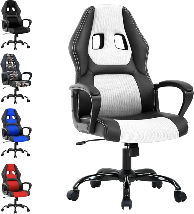 Gaming Chair Max 250LBS Office Chairs with Ergonomic Design Comfortable Office Chair PU Leather with Mesh Back Gaming Chairs with 360-Degree Swivel Gaming Chairs for Adults PC Chair White