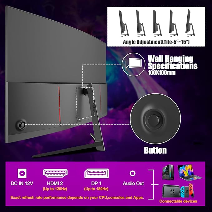 Gawfolk 27 inch Curved Gaming Monitor144Hz/180Hz PC Monitor Full HD 1080P Frameless 1800R Computer Display with FreeSync &amp Eye-Care Technology Wall Mountable DP HDMI Port (Black)