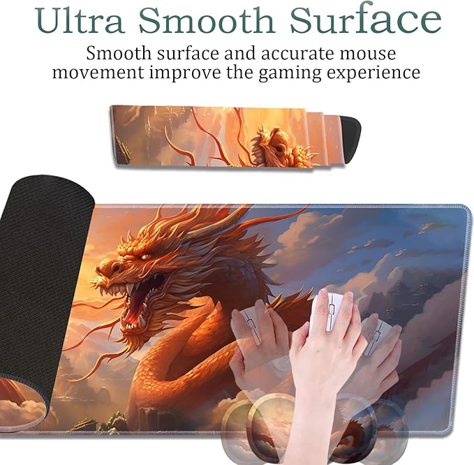 Large Gaming Mouse Pad + Wrist Rest + Lace Coaster Non-Slip Set with Sewn Edges and Waterproof Expandable Desktop Pad Suitable for Office/Home Golden Dragon