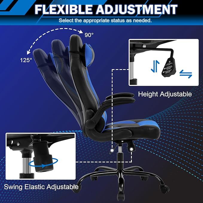 Gaming Chair Racing Chair with Lumbar Support - High Comfort PU Leather Ergonomic Office Desk &amp PC Gaming Chair for Adults Men Women - Flip-Up Arms &amp Headrest Blue
