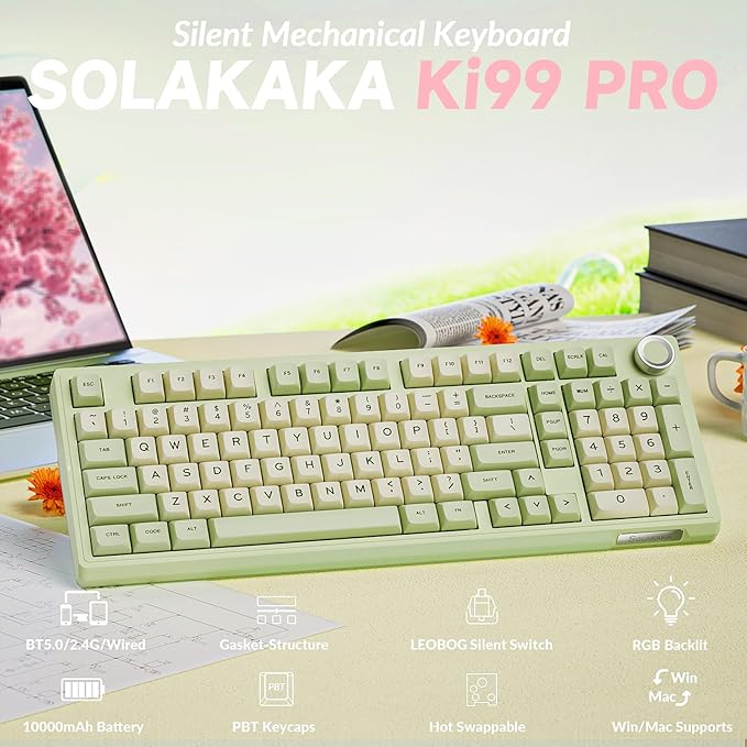 SOLAKAKA KI99 Pro Wireless Mechanical Keyboard Quiet SwitchHot Swappable Pre-Lubed Switches Silent Keyboard with RGB BacklitGasket Structure Computer Gaming Keyboards(GreenWhite Silent Switch)