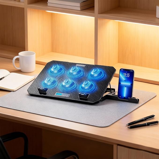 Laptop Cooling Pad 6 Quiet Fan for Laptop Gaming Fan Pad 5 Height Adjustable 2 USB Port Phone Holder Lightweight Stand
