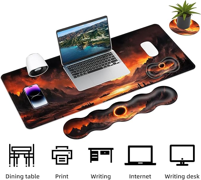 Keyboard Mouse Pad Set Extended Gaming Mouse Pad+Ergonomics Keyboard Wrist Rest Support Memory Foam Easy Typing Pain Relief 4Pcs XL Ultra Thick Desk MatFantasy Mountain