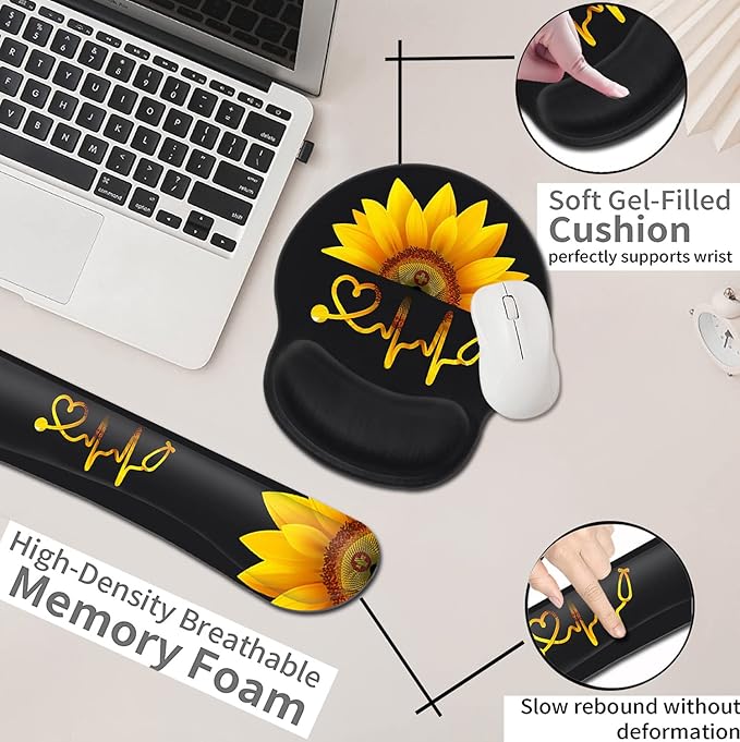 Ergonomic Wrist Protection Mouse Pad Wrist Guard and Keyboard Wrist Rest Non-Slip Rubber Base Mouse Pad Sunflower and ECG Stethoscope Pattern Personalized Fashionable Black Office Accessories