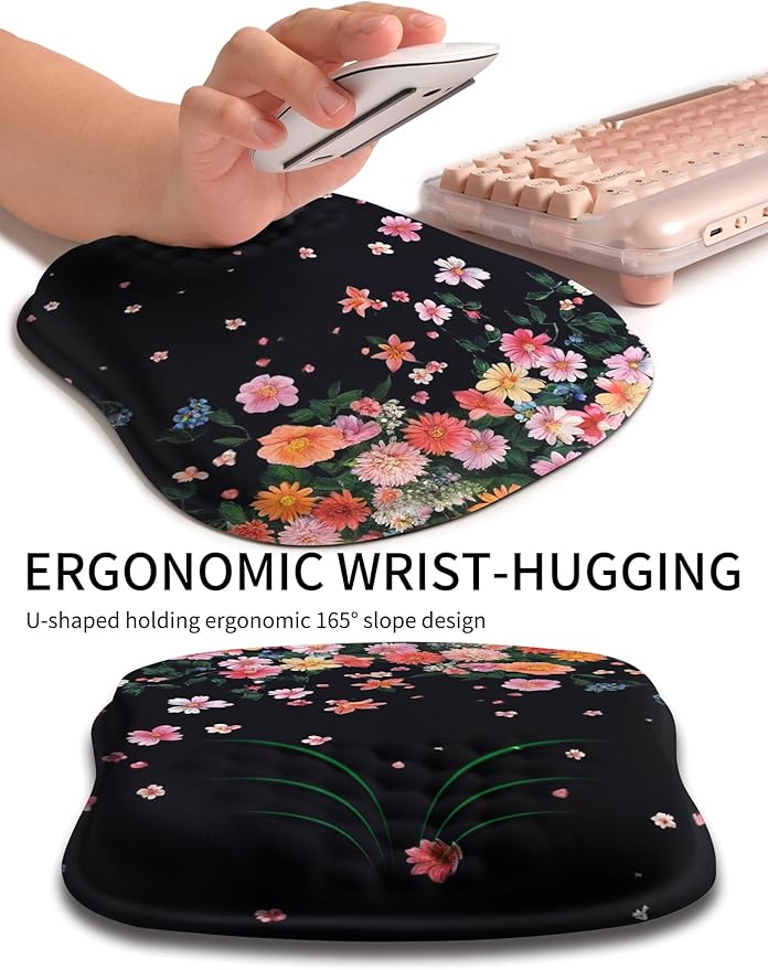 Hokafenle Ergonomic Wrist-Hugging Mouse Pad Wrist Support U-Shaped Holding Wrist Rest Mousepad for Carpal Tunnel Pain Relief with Cushioned Memory Foam Slope Massage Bulge (10.2x8.3 inFall Flower)