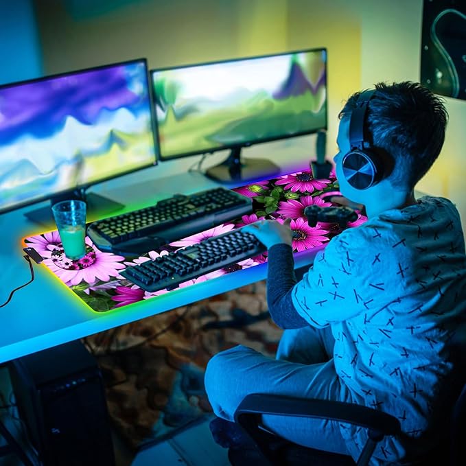 Customized RGB Gaming Mouse Pad and Coffee CoasterLarge Glowing Led Anti-Slip Rubber Base Computer Keyboard Desk Mouse Mat 31.4x11.8 InchAfrican Daisy