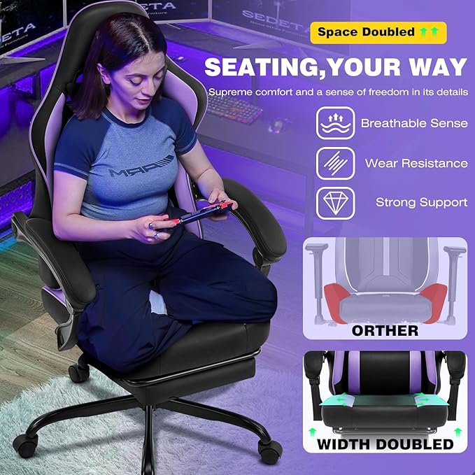 Gaming Chair Purple Gaming Chairs for Adults Teens High-Back Ergonomic Computer Chair with Extended Footrest Removable Headrest &amp Lumbar Support Wide PU Leather Reclining Desk Chair