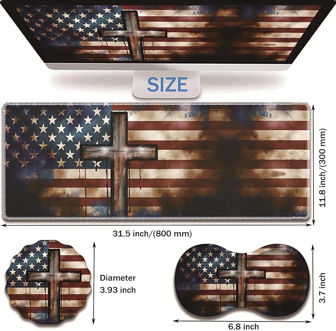 Extended Non-Slip Mouse Pad + Mouse Wrist Rest + Lace-Shaped Coaster Set Ergonomic Design Suitable for Desk and Home Gaming Table Mat American Flag Cross