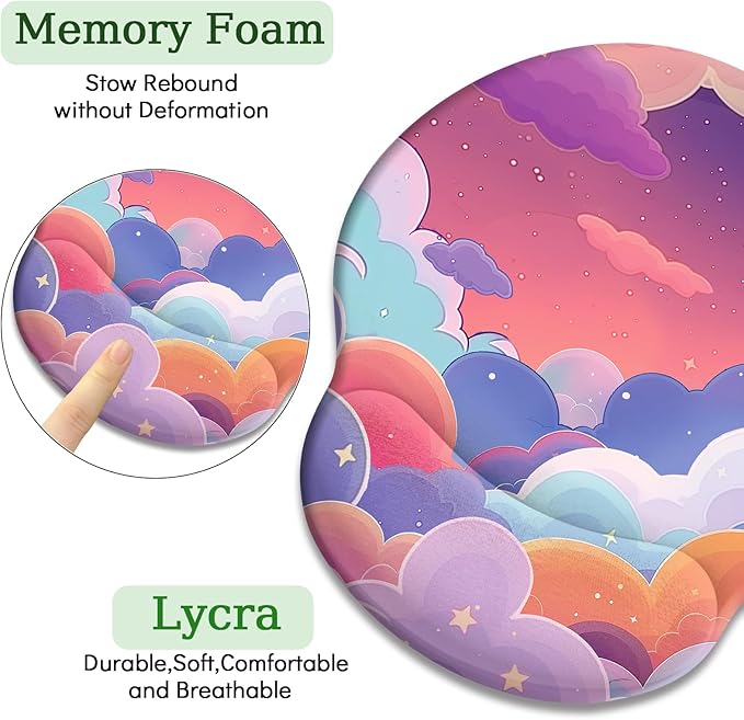 Kawaii Purple Cloud Mouse Pad with Wrist Rest Ergonomic Mouse Pad Wrist Support with Non-Slip Pain Relief PU Base Large Computer Mousepad Purple Office Desk Accessories Decor Supplies