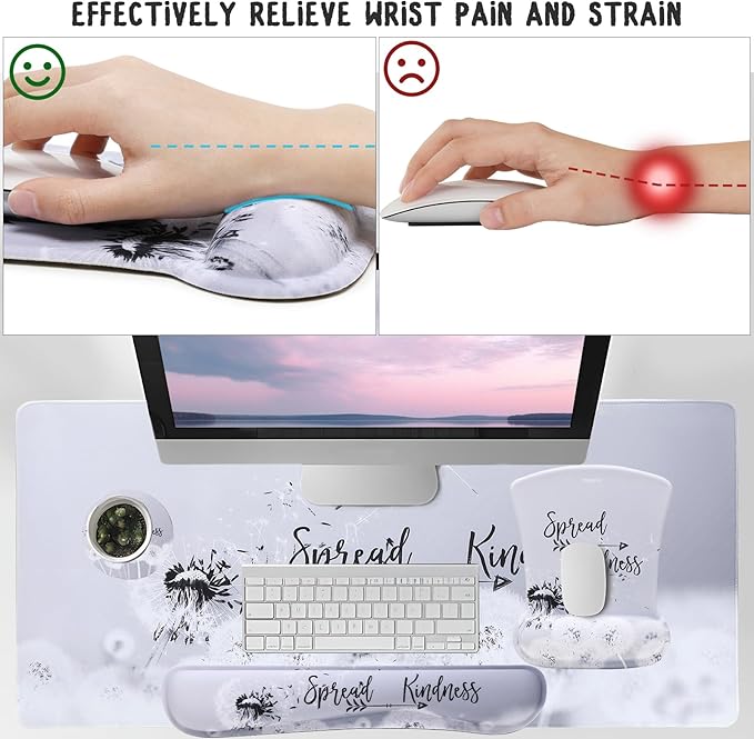 MEGREZ 4-in-1 Ergonomic Memory Foam Wrist Rest Set Desk Pad Mouse Pad with Wrist Rest Keyboard Pad Suitable for Office Workers Programmers &amp Gamers–Relieve Typing &amp Gaming Fatigue Gray D