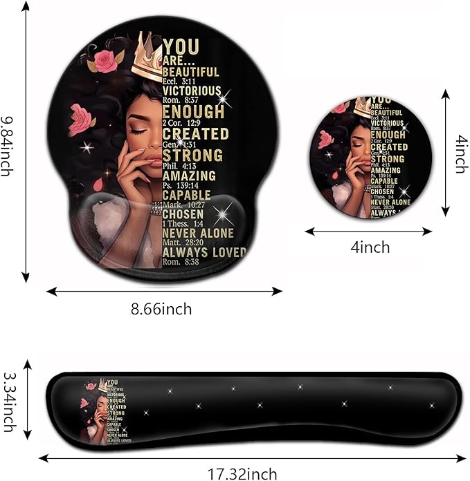 Ergonomic Gaming Mouse Pad Wrist Support and Memory Foam Keyboard Wrist Rest with Anti-Slip Base for Home Office Computer Desk Pad Gel Black Mouse Pad Easy Typing African American Women Black Girl