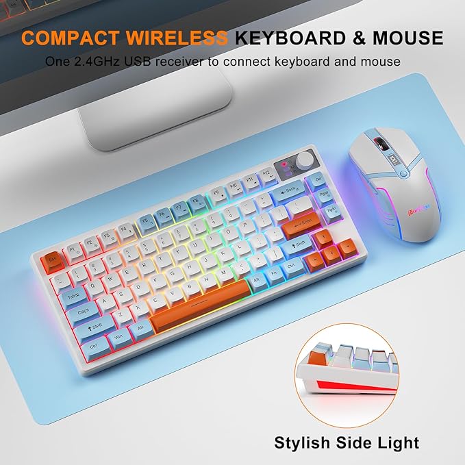 BlueFinger 75% Wireless Gaming Keyboard and Mouse with Smart Display Rechargeable Light Up Wireless Keyboard with Knob Control RGB Backlit Gaming Mouse for Mac Laptop Computer PC Gamer