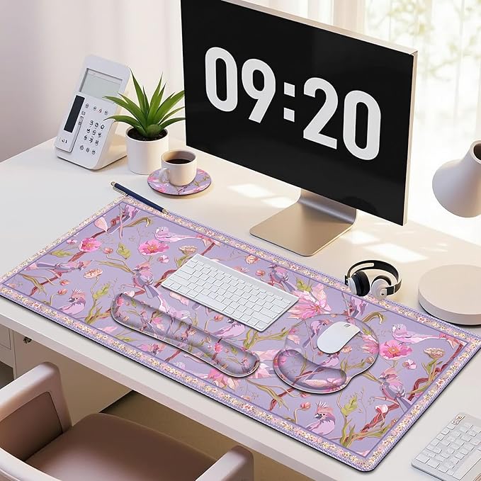 Flower Desk Mat 4in1 Large Mouse Pad with Wrist Rest Cute Desk Matt for Desktop Desk Pad Mat Anti-Slip XXL Computer Ergonomic Mousepad with Wrist Support for Keyboard and Mouse I Purple Bird