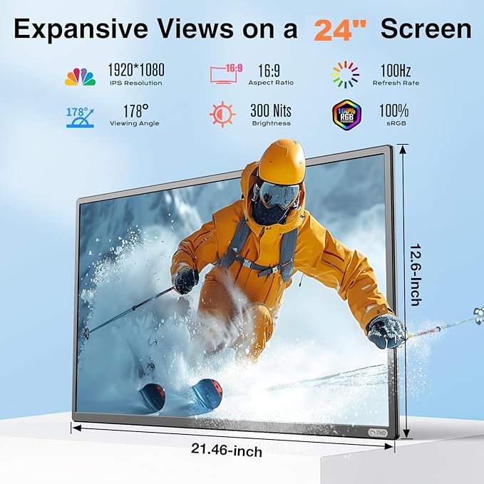 24 Large Portable Monitor 1080P FHD 100Hz IPS Monitor Height-Adjustable &amp Rotatable Screen(Horizontal/Vertical) Built-in Speakers Requires Wall Outlet Travel Monitor for Laptop / MacBook / P