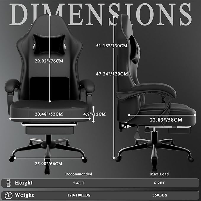 Black Gaming Chair with Pocket Spring Cushion and Footrest PU Leather Game Chair Adjustable Headrest Home Office Desk Chairs Comfortable Ergonomic Computer Chairs