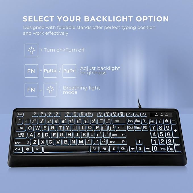 Large Print Backlit Keyboard USB Wired Computer Keyboard Full Size Keyboard with White Illuminated LED Compatible for Windows Desktop Laptop PC Gaming Black