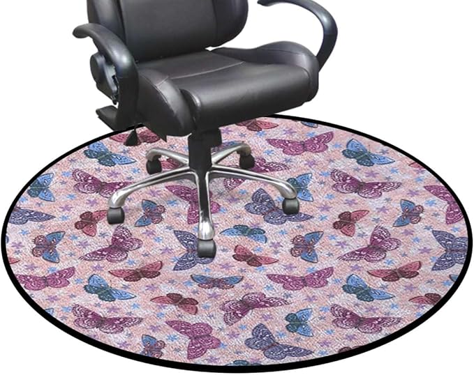 Pink Round Area Rug Swivel Chair Mats for Hardwood Floor Washable Waterproof Spill Mat Anti-Slip Floor Protector Colorful Doodle Animal Wings Girls Design Diameter 59 in