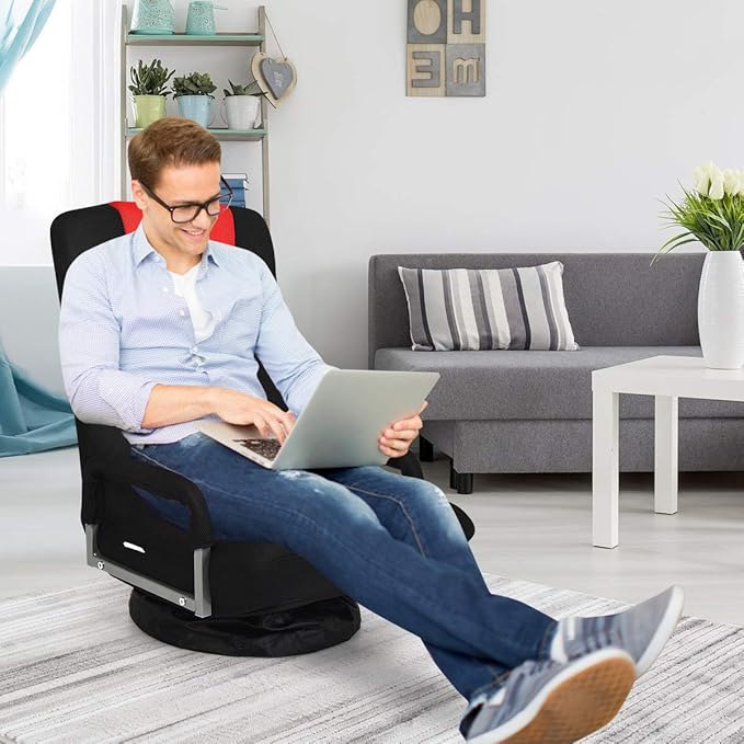 GOFLAME Swivel Gaming Floor Chair 360 Degree Folding Chair with Adjustable 6-Position Backrest and Armrest Lazy Sofa Lounger for TV Reading Playing Video Games (Black/Red)