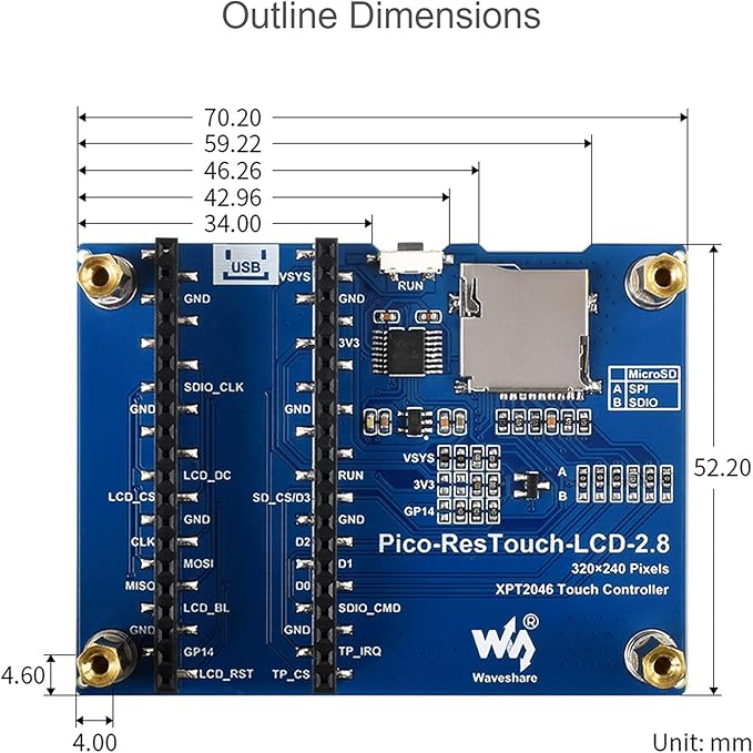 2.8 inch Touch Display Module for Raspberry Pi Pico 2.8 SPI IPS LCD 320×240 Touch Screen 262K Colors Resistive Touch Controller XPT2046 ST7789 Driver Clear and Colorful Displaying Effect