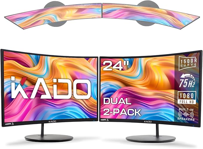Kado Dual Monitor Setup - 2-Pack 24 Curved 1920x1080 Computer Monitor 1500R 75Hz VESA Mount HDMI Office Gaming Hybrid Built-in Speakers (C24X Dual Series)