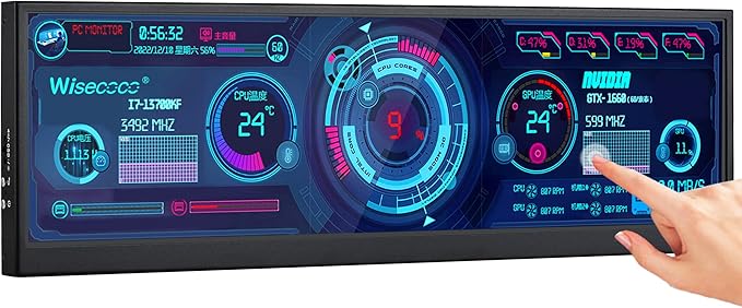 12.6 Inch Mini Touch Screen Monitor Secondary Screen FHD IPS Stretched Bar LCD Display 1920X515 HDMI for PC Laptop Computer Health Speed Windows Sub CPU GPU Temperature Display R126F01T-HB