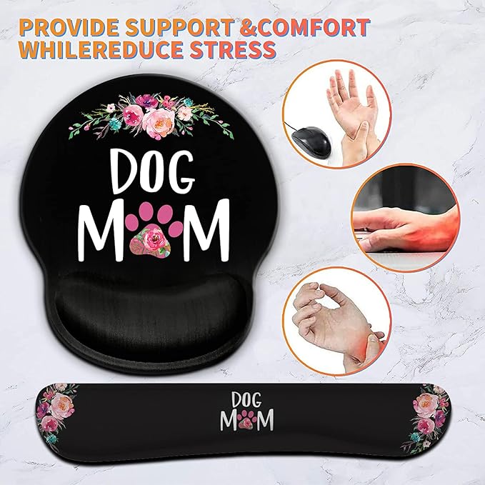 Ergonomic Mouse Pad Wrist Support Gel and Keyboard Wrist Rest Set for Laptop Mac Gaming and Office Durable Comfortable and Pain Relief + Coaster Dog Mom Floral Design