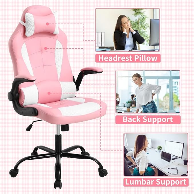 PC Gaming Chair Nice Cute Pink Chair Desk Chair Home Office Chair Swivel Rolling Adjustable Best Video Game Chair Lumbar Support Flip Up Arms Headrest Ergonomic Racing Heavy Duty Chair