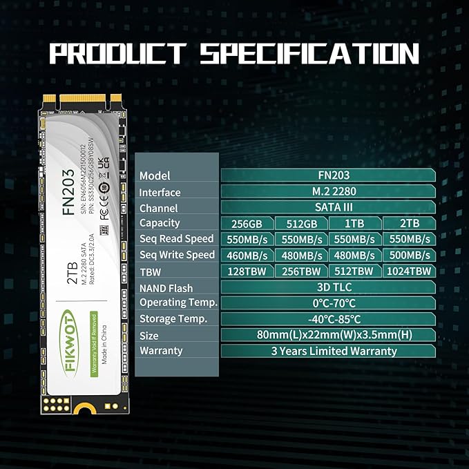FN203 M.2 SATA SSD - SLC Cache 3D NAND TLC SATA III 6Gb/s M.2 2280 NGFF Internal Solid State Drive Up to 550MB/s Compatible with Ultrabooks Tablet Computers and Mini PCs (2TB)