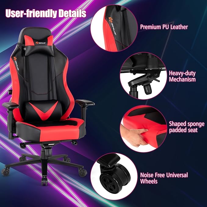 Goplus Gaming Chair 360° Swivel Computer Chair with Casters Multi-Angle Reclining Tension Control 4D Armrest Headrest Gas Lift Height Adjustable Game Chair for Office Bedroom Red