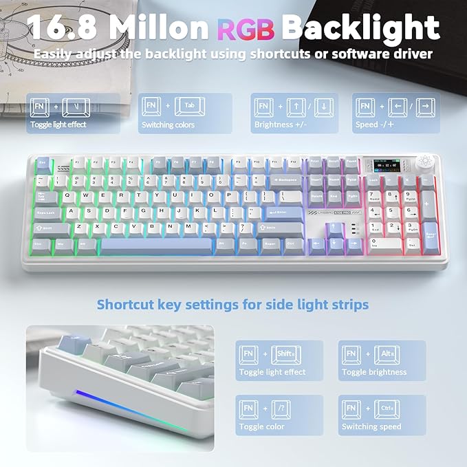 LINGBAO K108 Pro Wireless Mechanical Keyboard with Screen &amp Knob Full Size Creamy Keyboard with Number Pad 10000mAh Battery PBT Keycaps RGB Backlit Hot-swappable Gaming Keyboards