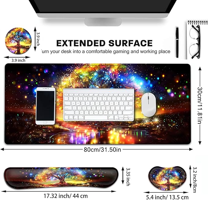 Large Gaming Mouse Pad+ Keyboard Wrist Rest Set Ergonomics Memory Foam Mouse Mat Wrist Rest Support for Home Office Waterproof Extended Mousepad 31.5x11.8in Colorful Tree of Life Desk Pad