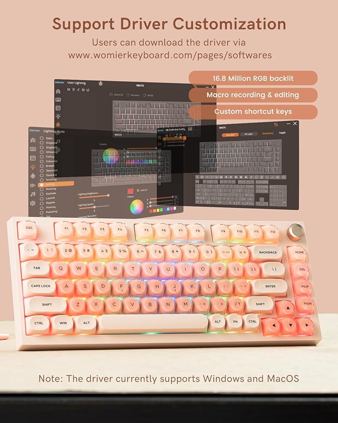 WK75 Wireless Mechanical Keyboard with Knob 75% Foundation Pink Creamy Keyboard Hot Swappable Pre-lubed Switches Gasket Mount with MOA Profile Jelly Keycaps RGB Backlit Gaming Keyboards