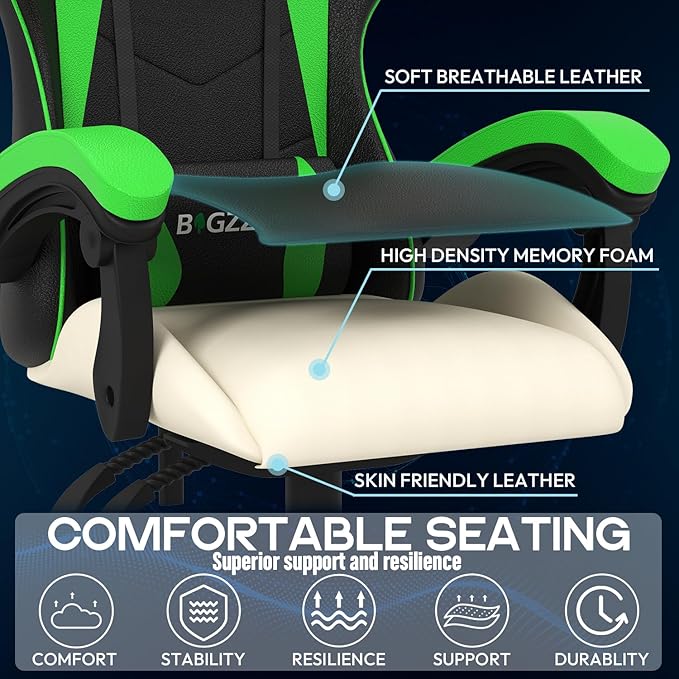 Bigzzia Gaming Chair with Heated Cushion Ergonomic Video Game Chairs with Pillow and Lumbar Support Racing Style Height Adjustable Computer Chair with 360°-Swivel Seat for Adults (Green)