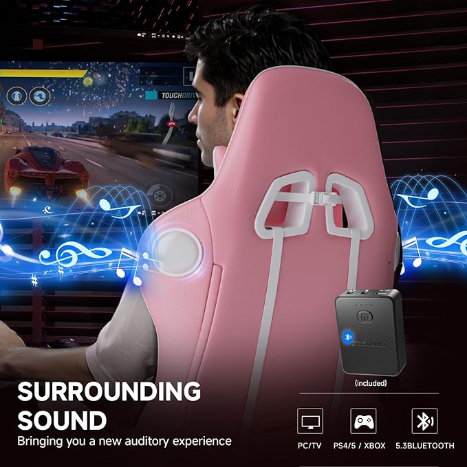 GTPLAYER Gaming ChairGamer Chair with Bluetooth and Adjustable BackrestSeat Height Adjustable Computer Chairs with 3D ArmrestsVideo Game Chair with Footrest Speakers (Pink)
